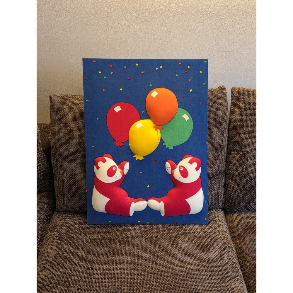 Vintage Tampella Fabric Wallhanging - Pandas with Balloons Kids Room Art Finland